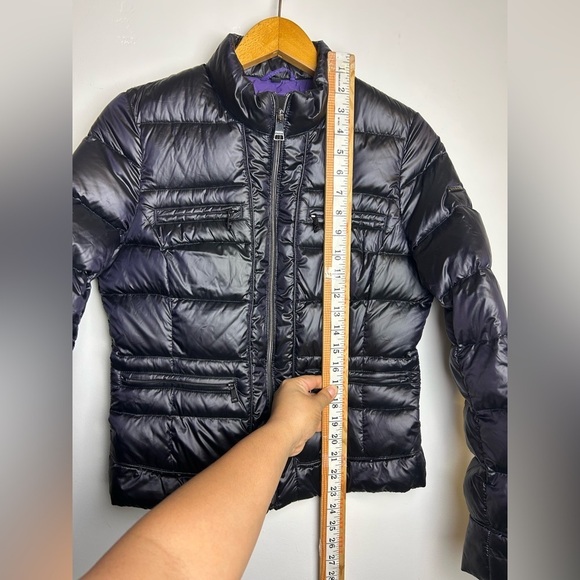 Y2K Bebe Down Puffer Bomber Jacket Women's Sp Black Shiny Purple inside pocket - Picture 12 of 16